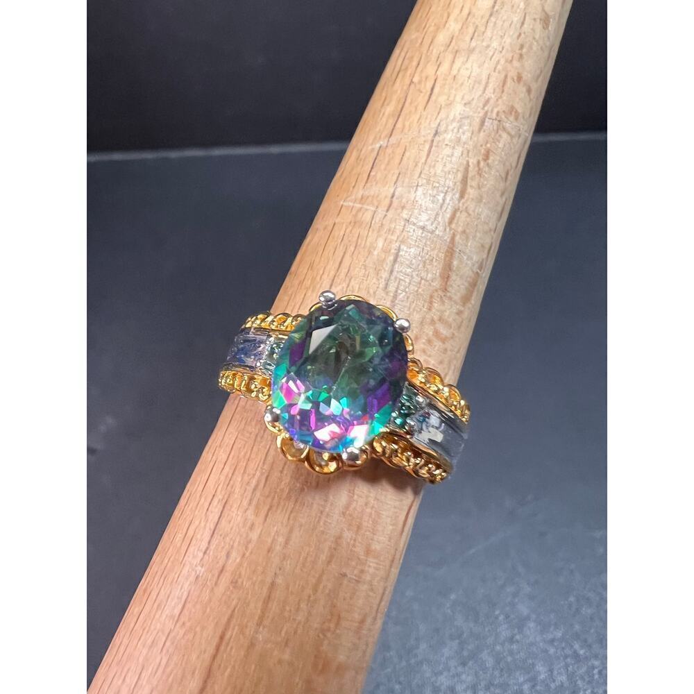NEW green mystic topaz two toned sterling silver ring size 8 - Picture 13 of 16